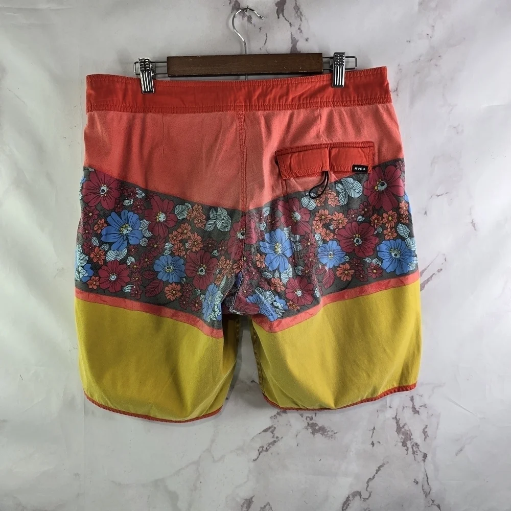 RVCA Swim Trunks Mens 34 Red Yellow Floral Board Shorts Lace Up Vintage